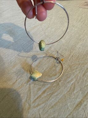 Silver Hoop Earrings with Green/Yellow Stone Accents